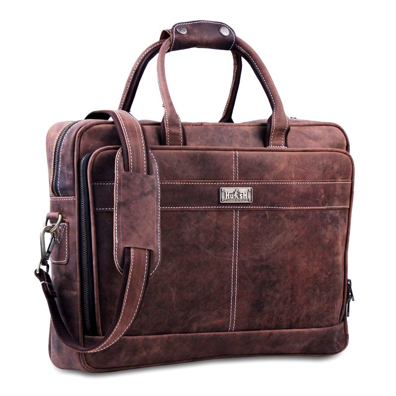 HULSH 18 Inch Genuine Leather Briefcase for Men and Women, Vintage Messenger Bag, Large Laptop Shoulder Satchel, Professional Business Office Work Bag with Luggage Strap, Handcrafted, Dark Brown - Image 1